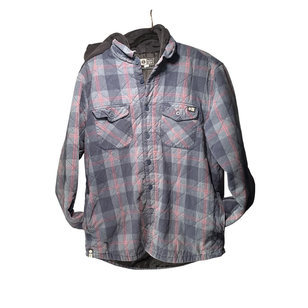 Salty Crew Mens Quilted Flannel Hooded Shirt Jacket Blue  Plaid Large Windward